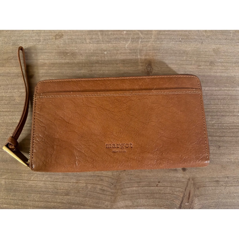 Margot New York‎ Leather Wristlet Wallet Cognac Brown Zip Around Clutch